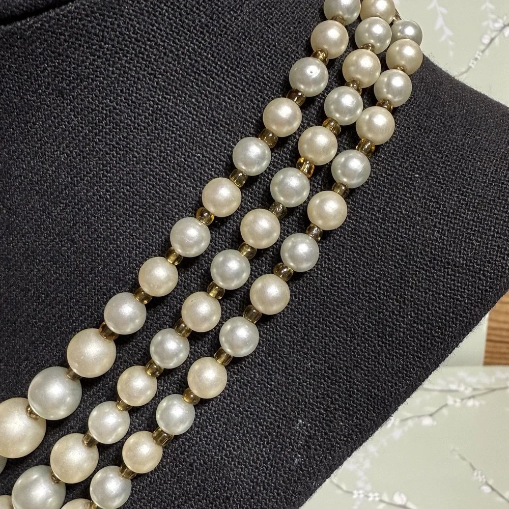 VTG Necklace Multi-Strand Signed JAPAN Gold Tone Faux Pearl Shepherd Hook Estate